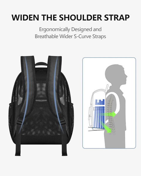 Heavy Duty Mesh Backpack See Through Beach Pool Bag ergonomic S-curve shoulder straps