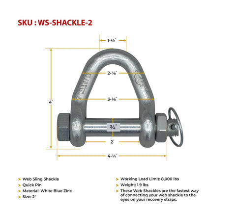 Four Pack Web Sling Shackle With Quick Pin For 2 Inch Straps 8,000 Lbs WLL White Blue Zinc dimensions and features