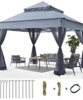 Easy Pop Up Gazebo 11 By 11 With Mosquito Netting for Patio Garden Backyard, gray tent with chairs and table, accessories included