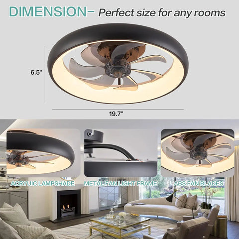 Copper Color Flush Mount Ceiling Fan With Lights, Low Profile Design, Remote Control, for Living Room view