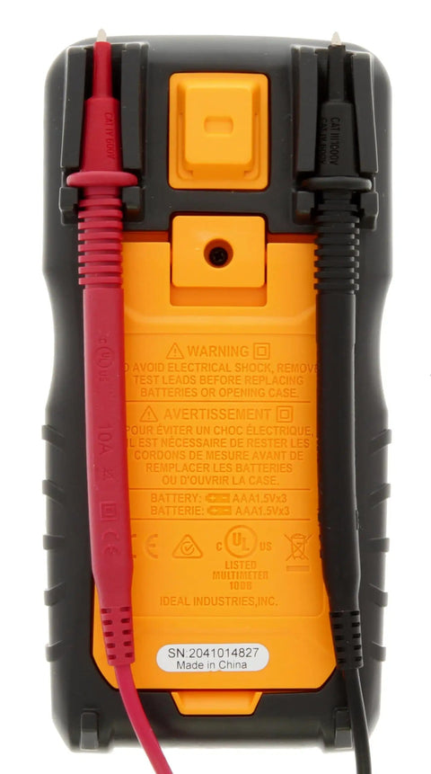 Back view of Auto Range Digital Multimeter 600V CAT III NCVT Temp with Backlit Display Lead Position Warning Open Fuse Indicator