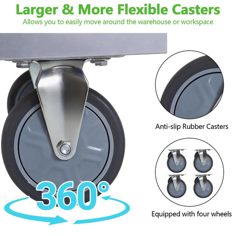 Rock Solid Heavy Duty Platform Truck With Secure Cage And Adjustable Panels showing larger flexible anti-slip rubber casters with 360-degree rotation.