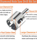 Angled side view of diamond hole saw drill bit set (10 pcs) with round shank and diamond grit.