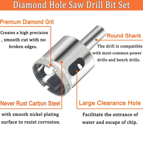 Angled side view of diamond hole saw drill bit set (10 pcs) with round shank and diamond grit.
