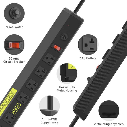 Built Tough Heavy Duty 20 Amp Power Strip With 6 Widely Spaced Outlets High Amp Surge Protector showcasing features and design