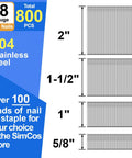 Hardcore 18 Gauge 304 Stainless Steel Brad Nails With Kickass Rust And Corrosion Resistant Build For Serious Woodworking And Carpentry Five Eighths To Two Inch Sizes 800 Pack displayed with size chart.