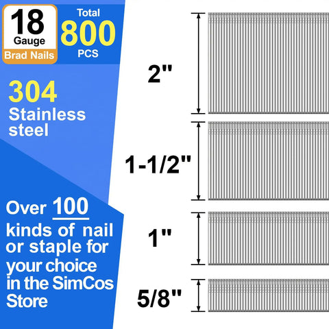 Hardcore 18 Gauge 304 Stainless Steel Brad Nails With Kickass Rust And Corrosion Resistant Build For Serious Woodworking And Carpentry Five Eighths To Two Inch Sizes 800 Pack displayed with size chart.