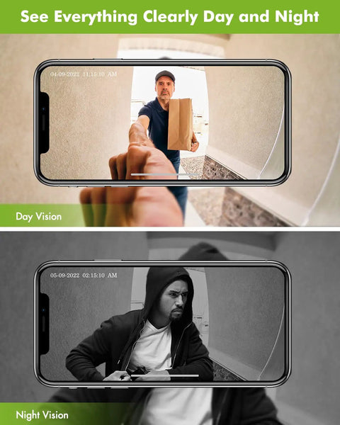 Day and night view on smartphone screen from Wireless Video Doorbell With Chime and 2 Way Audio, Night Vision, AI Motion Detection.