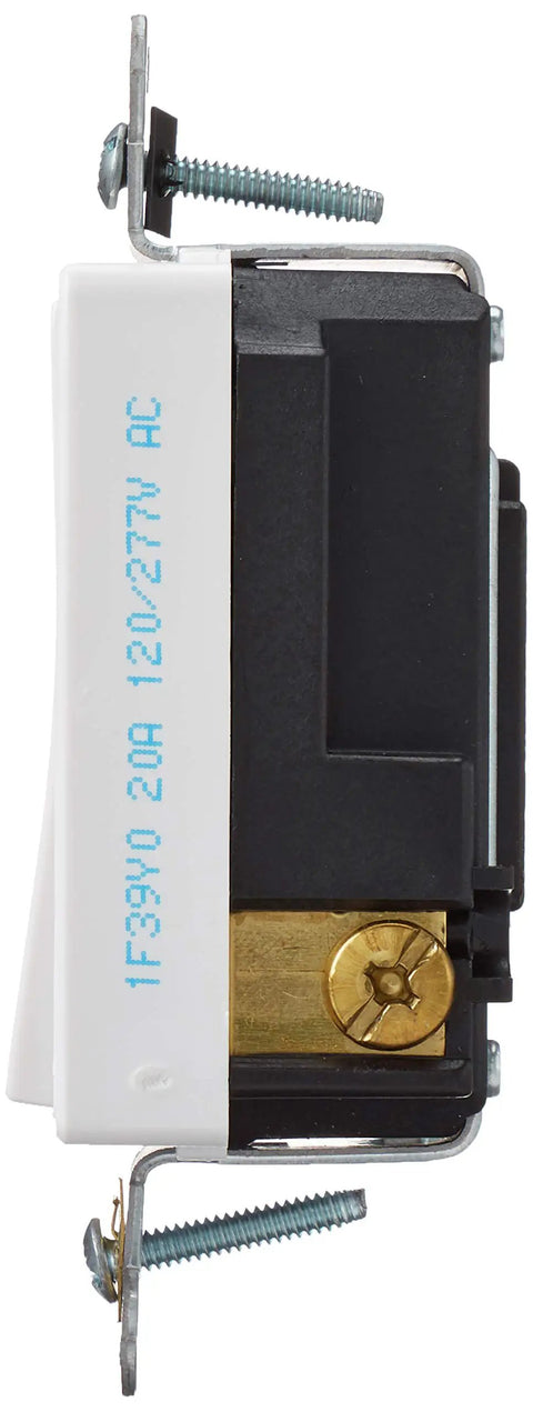 Decora Plus Rocker Single Pole AC Quiet Switch 20 Amp 120 to 277 Volt 5621 2W White side view screws terminals