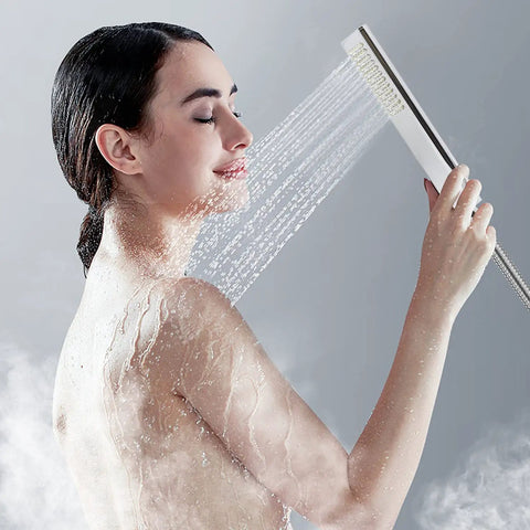 Solid Brass Handheld Shower Head With Arc Design High Pressure Chrome Finish in use, woman enjoying shower stream