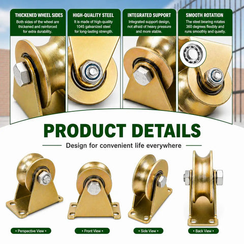 4 Inch U-Groove Pulley Wheels Ultra Heavy-Duty Rigid Casters for Square Tube Tracks Extreme Load Bearing 1765 LBS Capacity Stainless Steel Track Wheels 2-Pack detailed views highlighting design features.