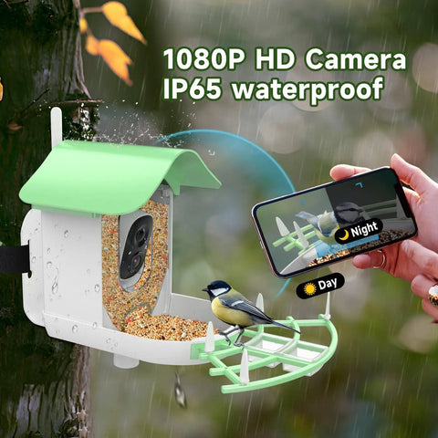 Solar Powered Bird Feeder With Camera 2K HD Video Live Capture, AI Species Identification And Real Time Alerts, installed outdoors.