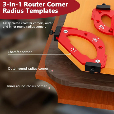 3-in-1 Router Corner Radius Templates Set for chamfer, outer, and inner round corners, heavy duty aluminum guides for woodworking.