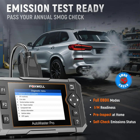 2-In-1 BMW Diagnostic Scanner And 12V Battery Tester With Full System Bidirectional Scan, Reset Services, close-up in workshop