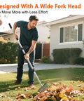 Man using Heavy Duty Garden Pitch Fork With 18 Tines And 53 Inch Non Slip Adjustable Steel Handle, Durable Broadfork for raking leaves