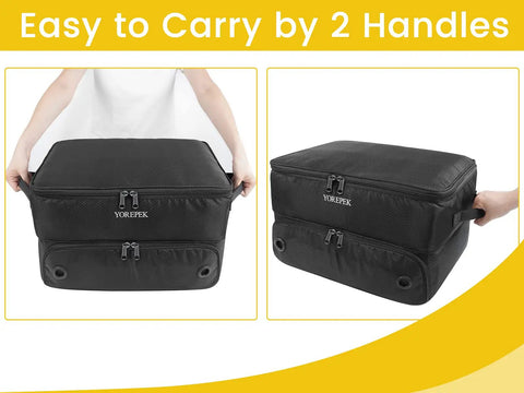Two Layer Golf Trunk Organizer with Ventilated Shoe Compartment, black, shown being carried by two handles.