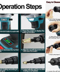 Operation steps for Cordless Rivet Nut Gun Set With Automatic Electric Riveter And 26V Battery Portable Toolkit.