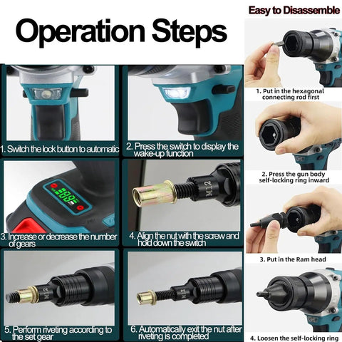 Operation steps for Cordless Rivet Nut Gun Set With Automatic Electric Riveter And 26V Battery Portable Toolkit.
