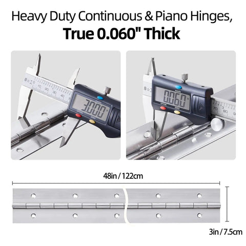 Heavy Duty Stainless Steel Piano Hinge 48 Inch By 3 Inch Width With Mounting Hardware measuring thickness 0.060 inch