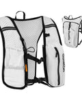 Front and back view of white Hydration Running Vest For Women And Men, Adjustable Lightweight Nylon Pack With Phone Holder, Reflective Strips