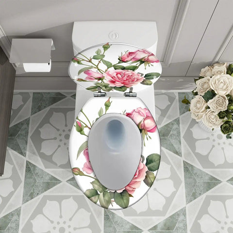 Elongated Resin Toilet Seat for Bathroom featuring floral design with pink roses, round shape, stylish and decorative.