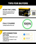 Tips for buyers of Heavy Duty 12 Volt 280 Ah LiFePO4 Deep Cycle Battery Built Tough, featuring app monitoring instructions.