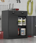 36 Inch High Locking Metal Storage Cabinet With Two Drawers And An Adjustable Shelf For Office, Garage Or Home, Heavy Duty Steel Construction In Black Finish, shown in a garage setting.