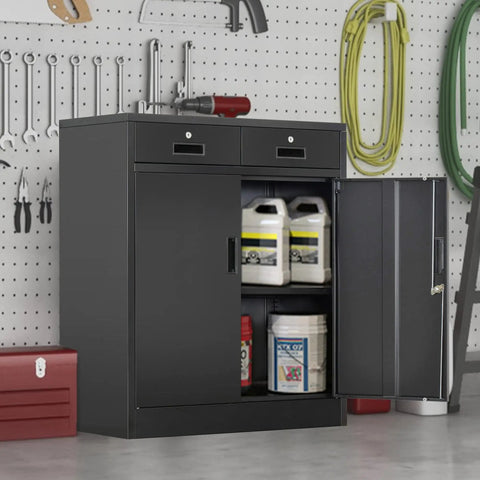 36 Inch High Locking Metal Storage Cabinet With Two Drawers And An Adjustable Shelf For Office, Garage Or Home, Heavy Duty Steel Construction In Black Finish, shown in a garage setting.