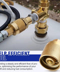 Close-up of brass forklift propane connector with 1-1/4 in inlet and 1/4 in NPT outlet, installed on a propane tank with hose