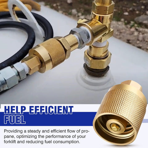 Close-up of brass forklift propane connector with 1-1/4 in inlet and 1/4 in NPT outlet, installed on a propane tank with hose