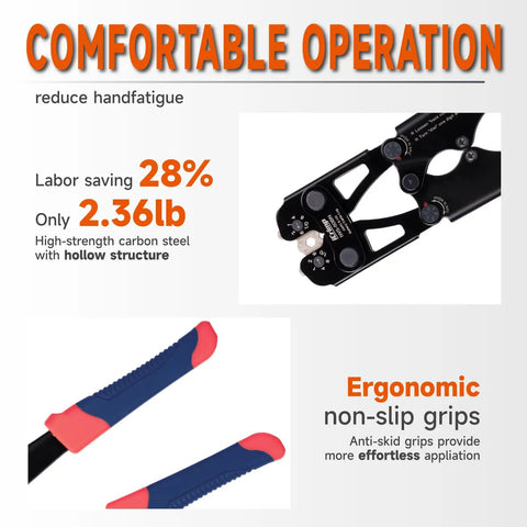 Heavy Duty Battery Cable Lug Crimping Tool For AWG 8 To 1/0 Copper And Aluminum Lugs, One Hand Adjustable Wheel, Non Welding Electrical Connection, Durable, Workhorse Quality, Easy To Use, Great For Auto And Marine Applications. Black crimping tool with non-slip grips