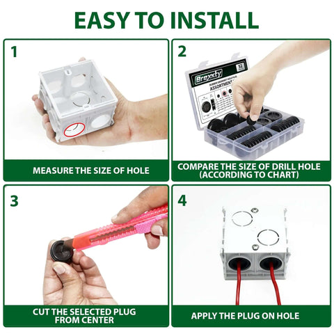 Instruction steps for using 52 Piece Rubber Grommets Kit with Firewall Hole Plugs in Six Hole Sizes for installation