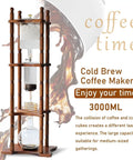 Smooth Chill Vibes All Day Retro Wood And Glass Ice Drip Coffee Maker With 105 Oz Capacity Adjustable Valve For Slow Extraction and Hit Different Flavor For Any Casual Sip, showcasing wood frame and glass components.