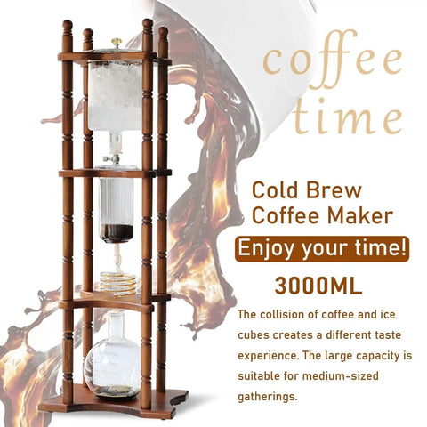 Retro Wood And Glass Cold Brew Coffee Tower Boasts Top Shelf Chill Vibes Adjustable Stainless Steel Drip Valve Crafts Smooth Low Acid Iced Coffee That Simply Kills It For Daily Kitchen Rituals, 3000ml capacity.