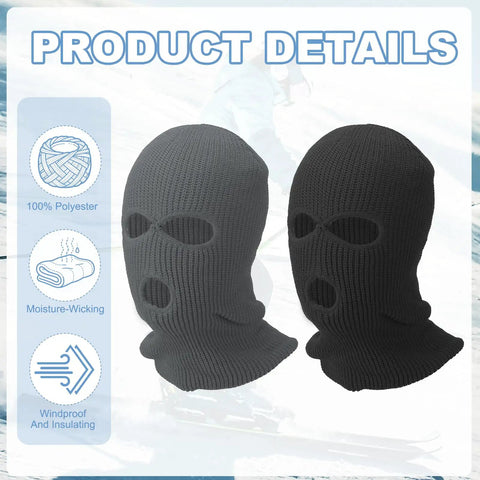 Two black Three Hole Full Face Ski Mask Balaclavas for Winter Sports made of soft knit polyester, displaying product details.