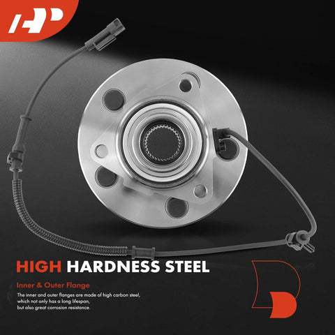 Two Front Wheel Bearing And Hub Assembly With ABS And Five Lug Pattern For Ram 1500 2009 2010 2011 Dodge Ram 1500 2 Pack Compatible With 5 Lug Bolts Included Built For Tough Roads showing close-up of one hub with ABS sensor on dark background.