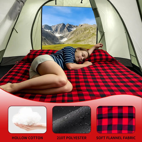 Cozy Double Sleeping Bag For Adults With 2 Pillows in a tent, flannel cotton, windproof bottom, outdoor camping gear.