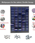 Heavy Duty Steel Parts Organizer With 75 Drawers And Customizable Dividers For Bolts And Nuts The Workhorse Of Your Workshop Industrial Tool Storage Cabinet For Workshop Factory And Office Anti Drop ABS And PS Drawers For Secure Busy Workflows, front view with parts and tools displayed.