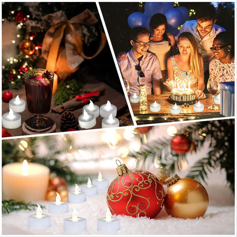 LED Tea Lights 24 Pack Battery Operated Flameless Candles With Realistic Flicker And Dope Long Battery Life For A Cozy Warm Vibe Decor At Christmas And Weddings White displayed in festive settings.