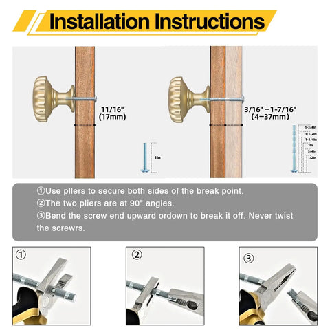 Installation guide for Five Pack Brushed Gold Cabinet Knobs with screw measurements and plier instructions.