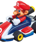 Mario figure in red kart from Mario Kart Themed Slot Car Race Track With Spinner Action Includes Two Cars Mario And Yoshi Battery Powered