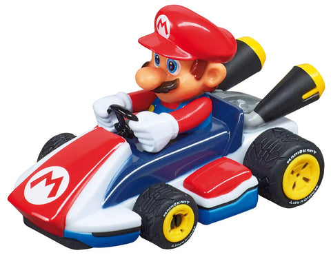 Mario figure in red kart from Mario Kart Themed Slot Car Race Track With Spinner Action Includes Two Cars Mario And Yoshi Battery Powered