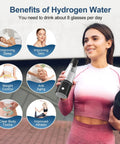 Woman holding 3 In 1 Hydrogen Water Generator Bottle With SPE And PEM Tech For Healthy Hydration, benefits chart in background