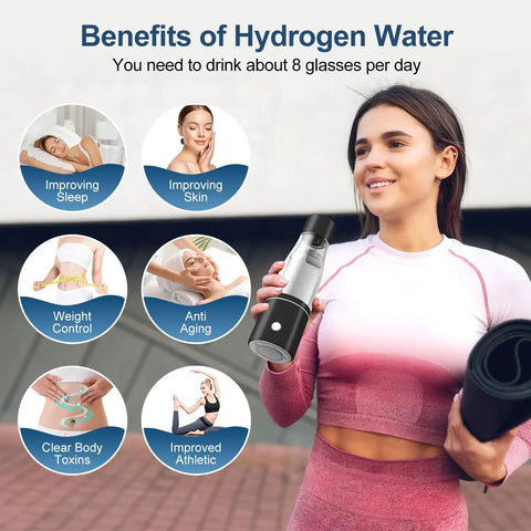 Woman holding 3 In 1 Hydrogen Water Generator Bottle With SPE And PEM Tech For Healthy Hydration, benefits chart in background