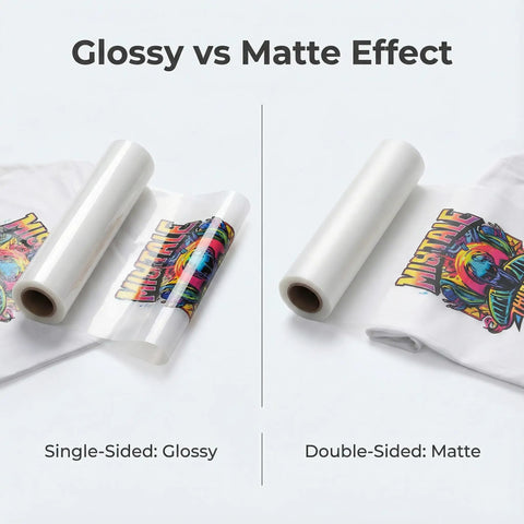 Direct To Film Transfer Film Roll 13 Inch By 328 Feet Glossy Single Sided PET shown next to matte double-sided version