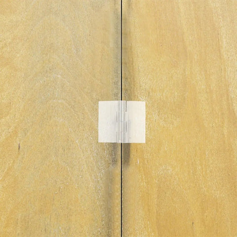 Close-up of Six Pack Acrylic Self Adhesive Cabinet Door Folding Hinges for DIY Projects installed on wooden surface