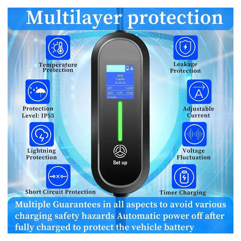 Portable Type 2 EV Charger 3.6KW 16AMP 240VOLT Electric Car Charging Cable showing multilayer protection features and display.