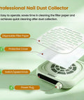 Exploded view of Pocket Sized Nail Dust Collector with 6000 RPM Powerful Suction for Home and Salon, showing filter and controls.
