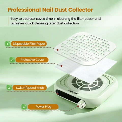 Exploded view of Pocket Sized Nail Dust Collector with 6000 RPM Powerful Suction for Home and Salon, showing filter and controls.
