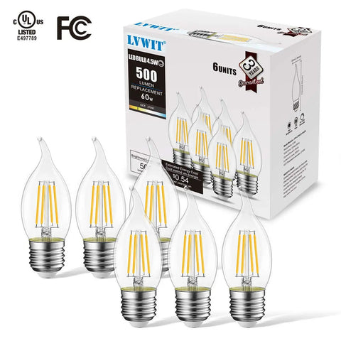 Flame Tip LED Filament Candle Bulbs 4.5W Dimmable E26 Base Ideal For Candelabra And Chandelier Lamps 60W Equivalent B11 Size Package